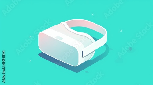 VR, A white virtual reality headset, a simple flat vector illustration with solid colors, in an isometric view, against a turquoise background.