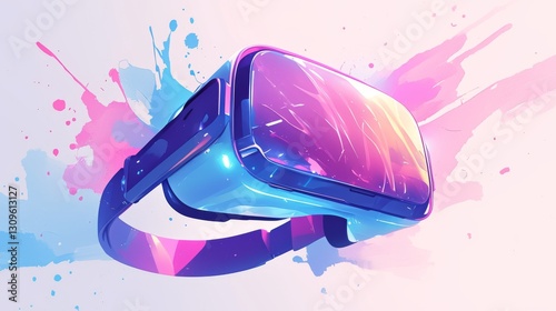 VR, A futuristic-style VR headset, vector illustration, clip art sticker design, on a white background with pink and blue colors, watercolor splashes, a colorful splash of color, highly detailed, wit