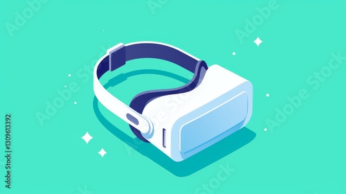 VR, Simple vector illustration of a white VR headset on a teal background, with a flat design and an isometric view.