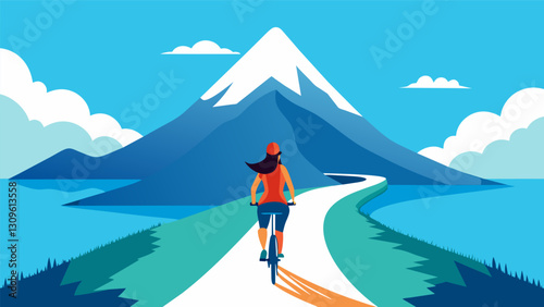 A female cyclist approaching the peak of a mountain with a serene lake below and a bright blue sky above.. Vector illustration