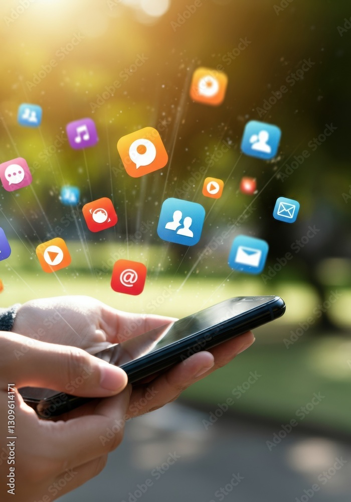 Hands holding a smartphone with colorful social media icons floating around Hands holding a smartphone with colorful social media icons floating around