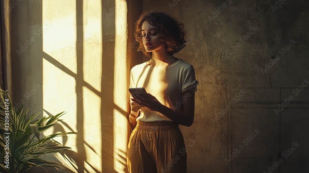 Fototapeta premium A woman standing pose with mobile