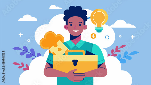 An image of a person holding a treasure chest filled with money and a key with the words Unlocking Mental Wellness Resources for Students Facing. Vector illustration
