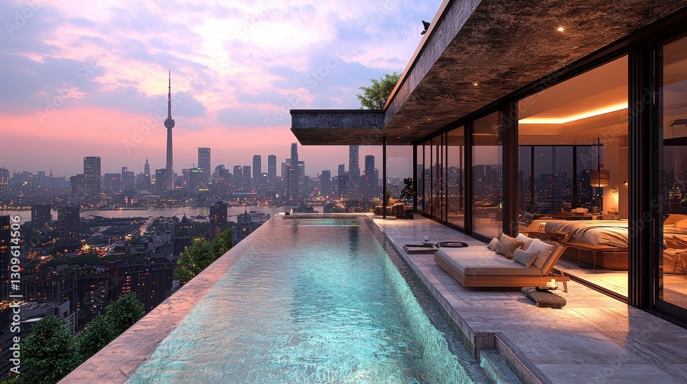 Fototapeta premium A breathtaking luxury pool overlooking a vibrant city skyline at sunset. The scene features modern architecture and a tranquil atmosphere.