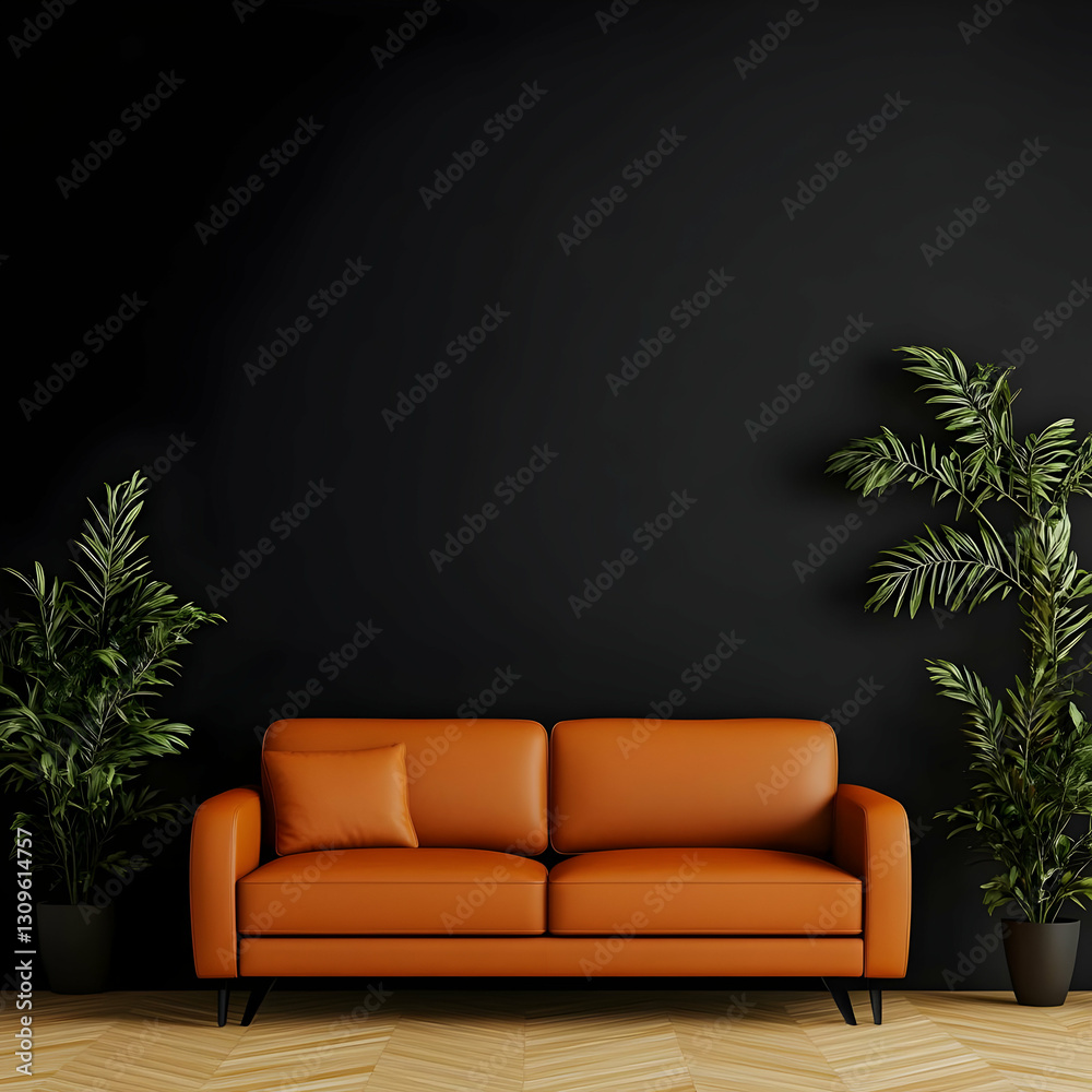Fototapeta premium Orange Sofa in Dark Room 3D Illustration