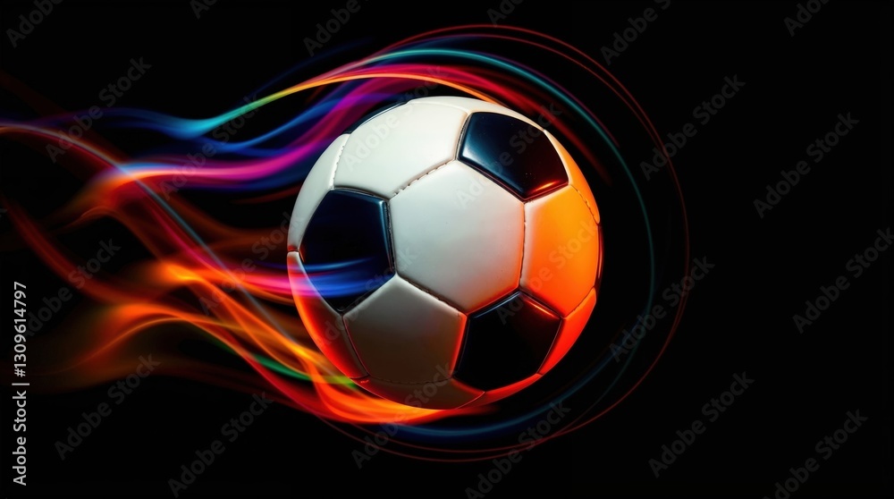 Naklejka premium Fußball fliegt vor schwarzem Hintergrund durchs Bild, umgeben von dynamischen Lichtbändern