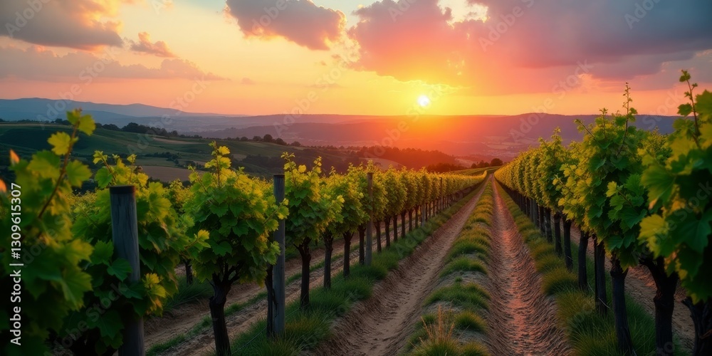 Naklejka premium Serene Vineyard Sunset Rows of grapevines bathed in the warm golden light of a breathtaking sunset, creating a picturesque landscape of natural beauty and agricultural tranquility.