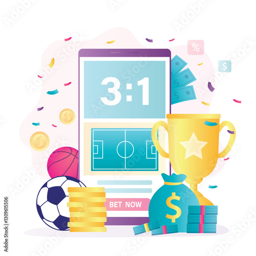 Income, profitable gambling, golden trophy. Betting platform in smartphone app. Online gambling. Mobile application for sport betting.