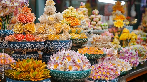 Colorful layered paper cut design showcasing the vibrant and ornate displays of the Thai markets selling floral water bowls and traditional Songkran festival This image captures the rich cultural photo