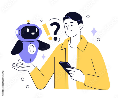 AI technology concept. Character using artificial intelligence assistant tool, chatbot for daily tasks, searching, answering questions. Vector illustration.