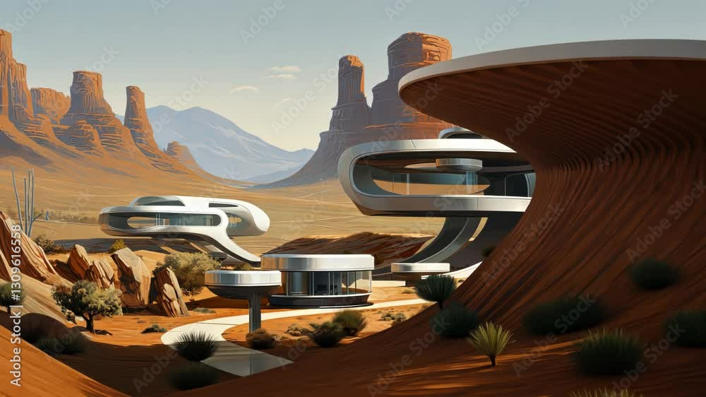 Retro futuristic architecture in sci-fi scene on the desert planet. Alien landscape with nostalgic retro future constructions