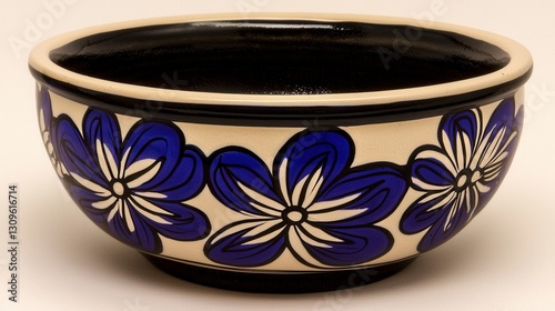 Decorative Blue Floral Bowl with Black and Cream Detailing