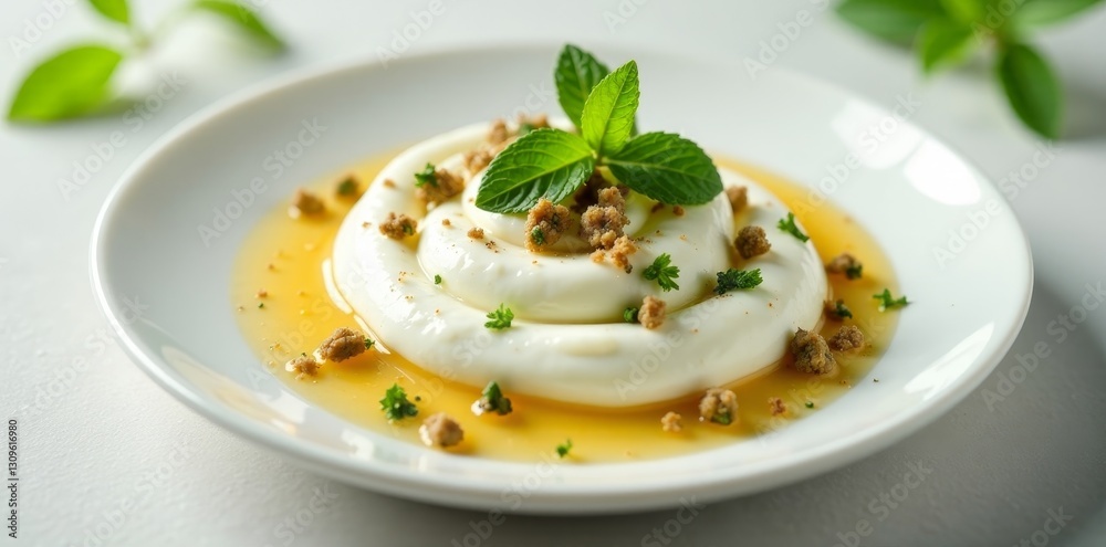 Creamy Delicate Dessert Swirl with Honey Glaze and Herbal Garnish on Elegant Plate Creamy Delicate Dessert Swirl with Honey Glaze and Herbal Garnish on Elegant Plate