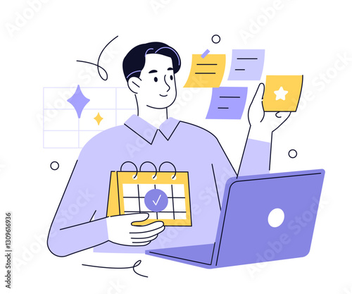 
Schedule and calendar. Character planning, organizing work tasks, appointments. Scheduling, task performance, time management concept. Vector illustration.