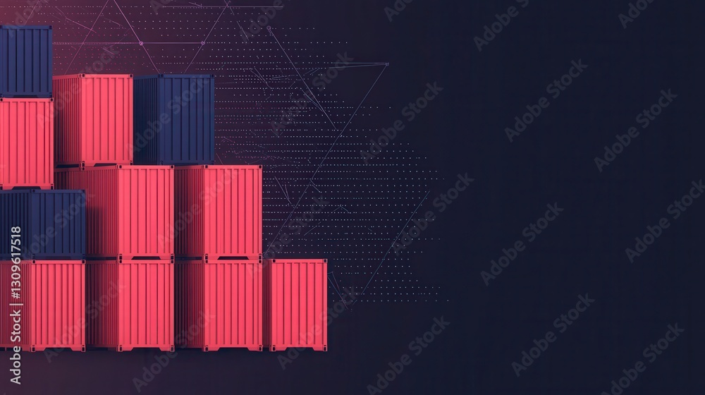 Fototapeta premium A modern graphic featuring stacked shipping containers in red and blue against a dark background, symbolizing logistics and trade.