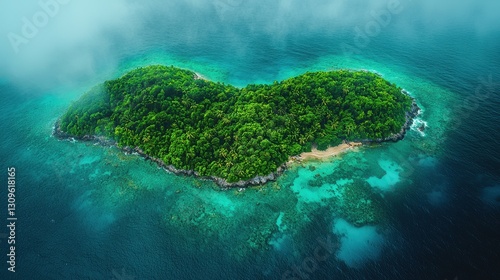 A stunning aerial view of a remote tropical island featuring lush green vegetation, surrounded by clear blue waters, and a pristine beach area.