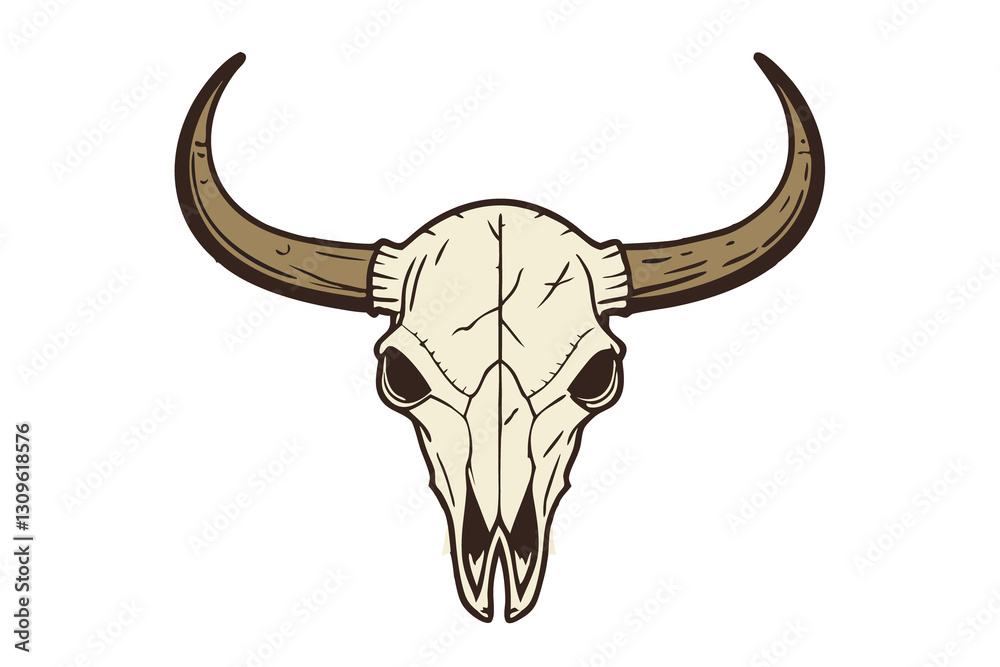 Fototapeta premium Boho Western Buffalo Skull with Feathers, Bull Skull Longhorn colorful line art design isolated on white background.