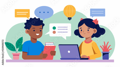 Two children collaborating on a school project through a digital pen pal platform incorporating insights and ideas from their respective cultures.. Vector illustration