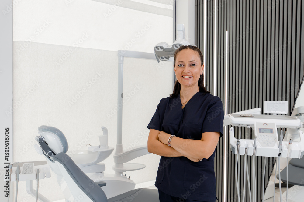 A friendly dental professional stands confidently in a modern clinic ready to assist patients A friendly dental professional stands confidently in a modern clinic ready to assist patients
