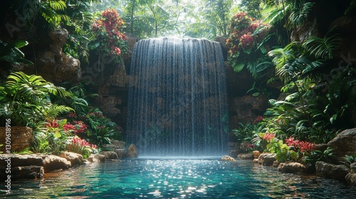 A serene tropical waterfall surrounded by lush green foliage and vibrant flowers, creating a peaceful and picturesque natural setting. photo