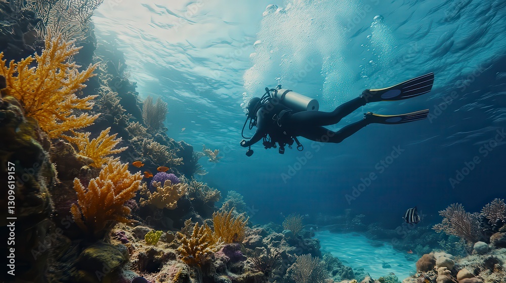 Obraz premium diver in the sea, underwater life, coral blue water, diver is underwater