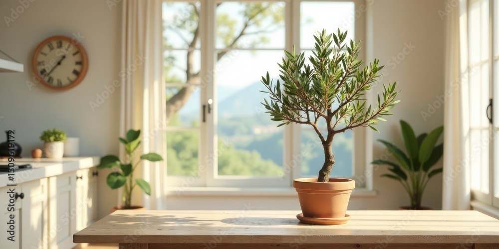 Fototapeta premium Serene Kitchen Interior with Sunlight Illuminating a Small Potted Plant on a Wooden Table
