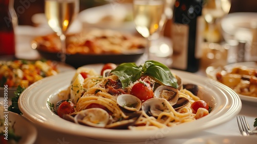 Authentic italian cuisine display featuring traditional pasta dishes, fresh ingredients, and rustic mediterranean flavors with parmesan cheese, basil, and olive oil for a delicious culinary experience