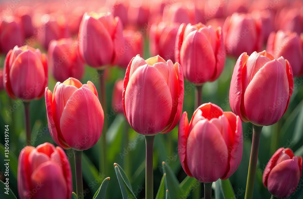 Fototapeta premium 3D tulips, pattern of red tulips, place for text, flowers background
