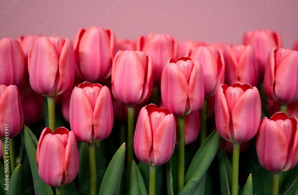 Obraz premium 3D tulips, pattern of red tulips, place for text, flowers background