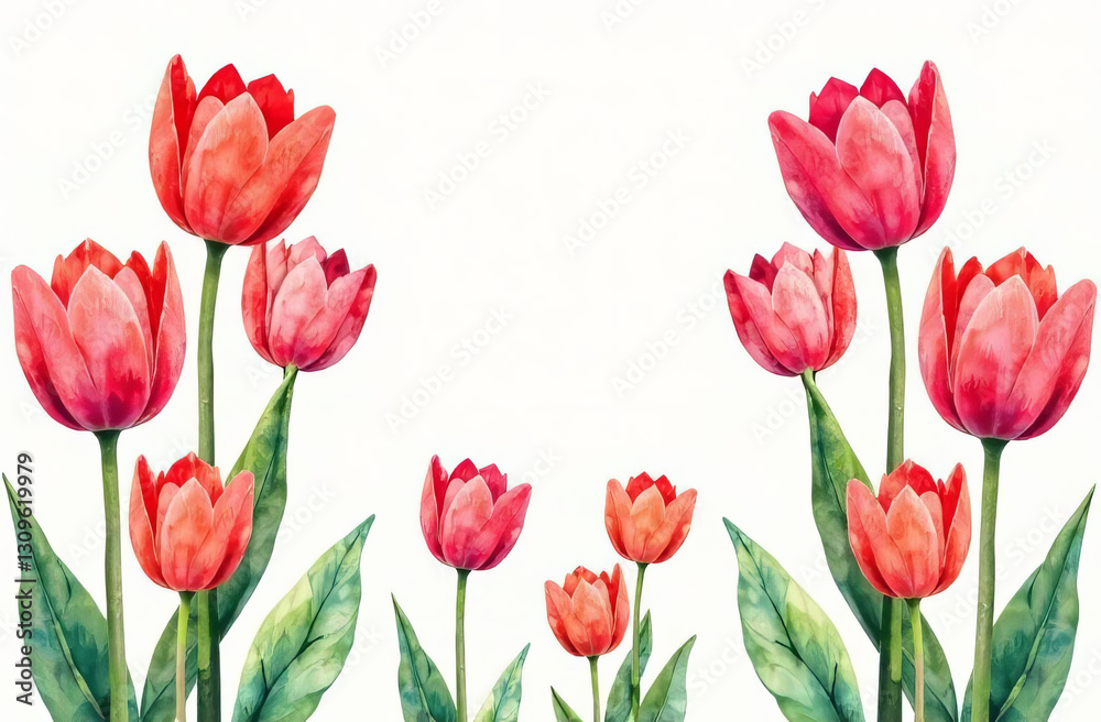 Obraz premium 3D tulips, pattern of red tulips, place for text, flowers background