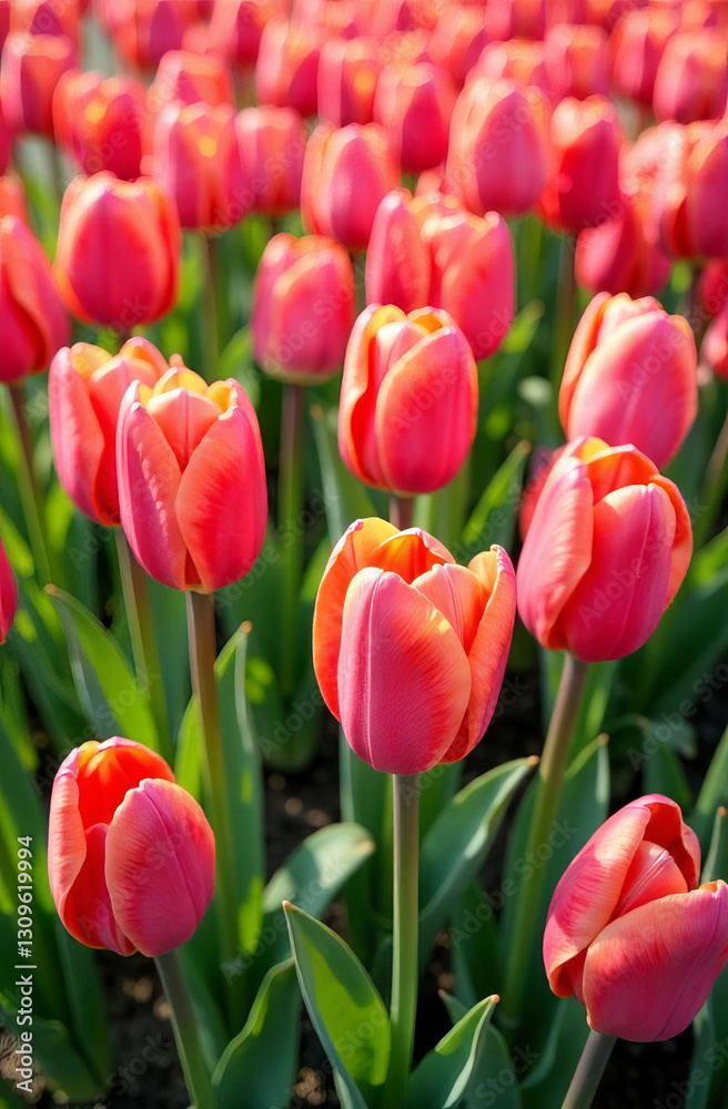 3D tulips, pattern of red tulips, place for text, flowers background 3D tulips, pattern of red tulips, place for text, flowers background
