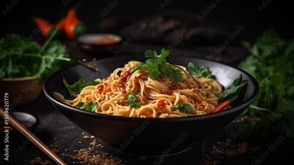 Spicy Noodles for Dark Table, Asian Cuisine. Spicy Noodles for Dark Table, Asian Cuisine.