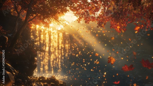 Breathtaking Autumn Landscape with Golden Waterfall and Leaves