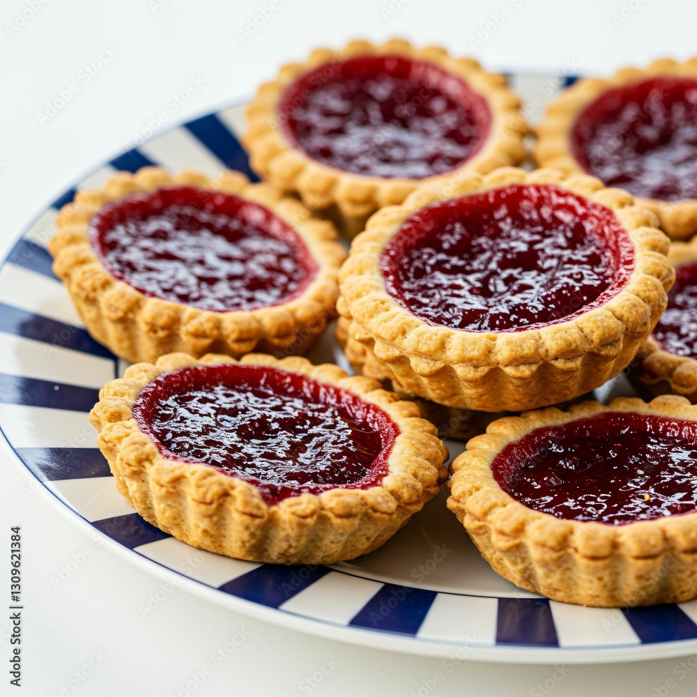 Plate of delicious raspberry jam tarts with flaky crusts on a striped plate Plate of delicious raspberry jam tarts with flaky crusts on a striped plate