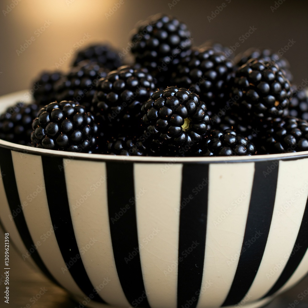 Fotografie Blackberries in a black and white striped bowl, showcasing their rich color and texture