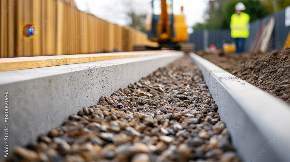 Concrete and timber beams are positioned along a gravel path, with construction machinery visible in the background on a clear day Concrete and timber beams are positioned along a gravel path, with construction machinery visible in the background on a clear day