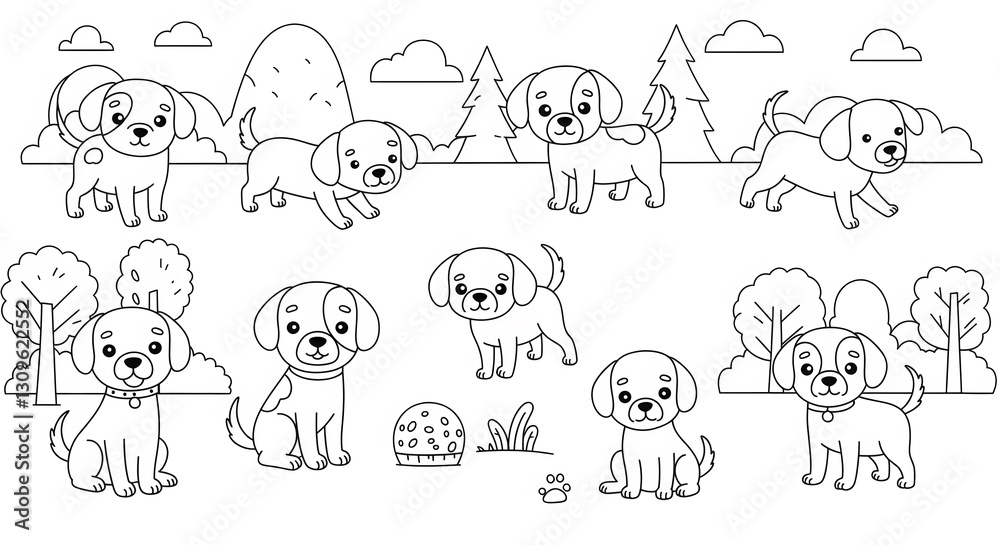 Adorable Outline Dogs in a Park Setting for Coloring Adorable Outline Dogs in a Park Setting for Coloring