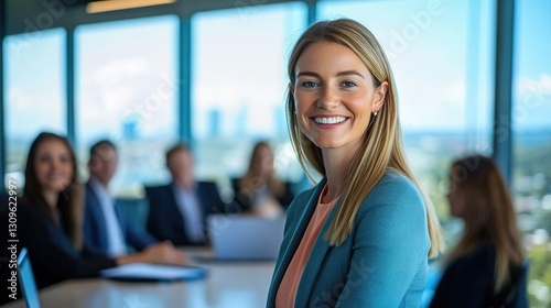 A smiling woman in a business setting appears confident and ready