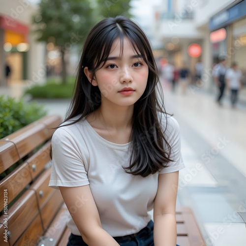 A bored or lonely young asian woman staring blankly sitting at the bench near the mall. Having no friends and feeling down. photo