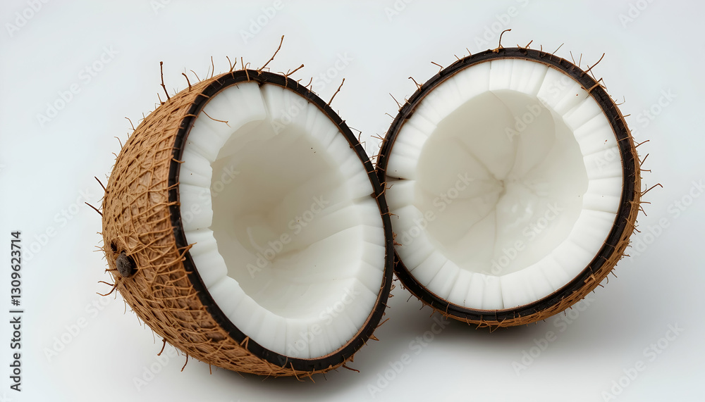 Opened Coconut Showing White Flesh and Brown Shell Isolated on White Opened Coconut Showing White Flesh and Brown Shell Isolated on White