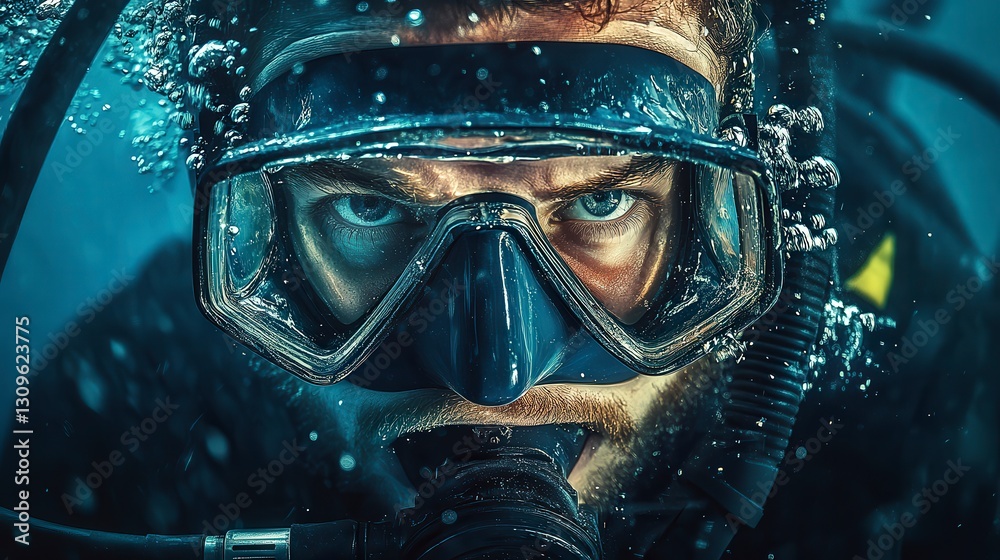 diver in the sea, underwater life, coral blue water, diver is underwater