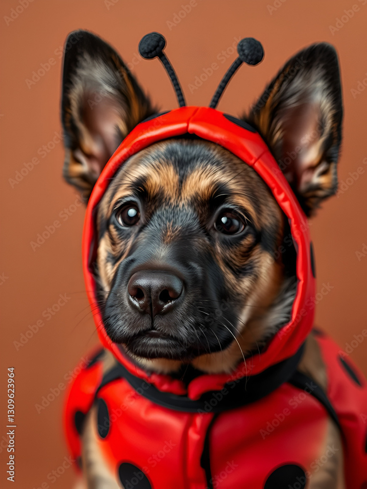 Obraz premium Close-up portrait photography of a cute norwegian elkhound wearing a ladybug costume against a copper brown background. With technology