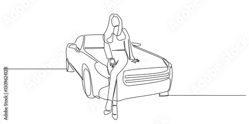 continuous line drawing of a woman posing in front of a car. one line drawing of a woman standing in front of a car. suitable for successful photos of career women, automotive models