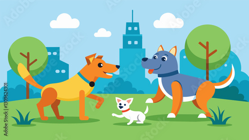 Two dogs are playing in the park their robotic companion keeping up with their every move and joining in on the fun.. Vector illustration