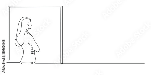 continuous line drawing of business woman looking at the window.one line drawing of business woman standing staring outdoors.single line vector illustration.isolated white background