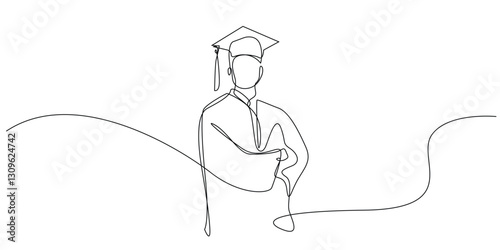 continuous line drawing of man in graduation gown crossing his arms.one line drawing of male graduate standing looking forward.single line vector illustration of education.isolated white background