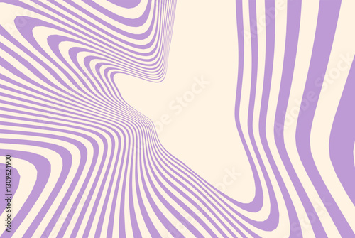 Abstract optical illusion background with purple and beige wavy lines creating a dynamic vortex effect. Psychedelic pattern with distorted curved stripes for retro futuristic design.
