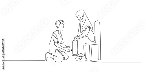 continuous line drawing of Asian man prostrating before mother.one line drawing of man apologizing to mother.portrait of man asking forgiveness of mother