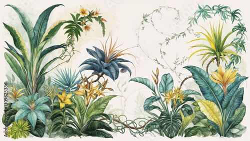 Vibrant botanical illustration featuring exotic plants and flowers, showcasing lush greenery and intricate details