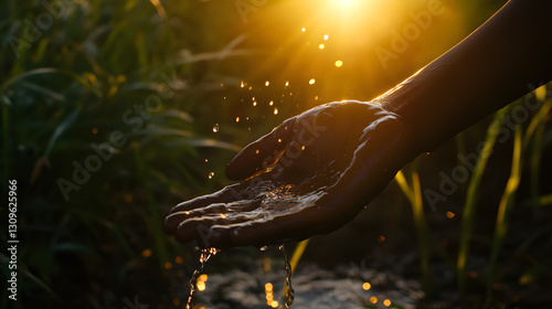 Close-up of hands holding water, spilling over with sunlight in the background
